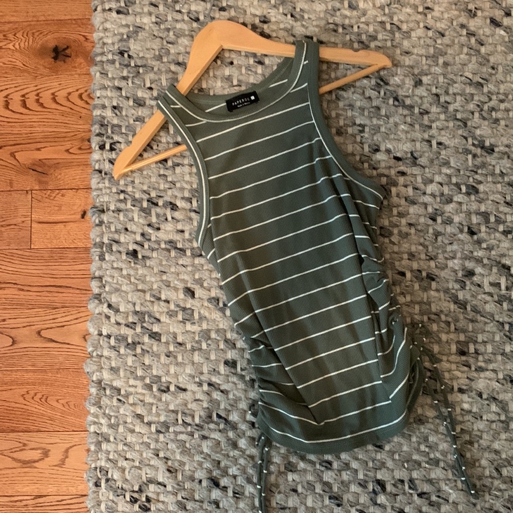 Green & White Stripe Tank Top With Rouching Details On The Side Size Large - Picture 7 of 7
